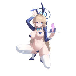 1girl absurdres alternate_breast_size animal_ears arm_up blonde_hair blue_archive blue_eyes blue_halo bow bowtie breasts cleavage fake_animal_ears full_body groin halo haniwa_(statue) heart_maebari heart_pasties high_heels highres holding holding_tray large_breasts long_hair maebari nude parted_lips pasties poker_chip rabbit_ears rabbit_pose simple_background solo squatting sukaliya thighhighs thighs toki_(blue_archive) toki_(bunny)_(blue_archive) tray very_long_hair white_background white_thighhighs wrist_cuffs