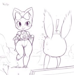 ! 2girls :3 artist_name blush blush_stickers bow cleft_of_venus closed_mouth clothes_lift collared_dress dress dress_lift female_focus flashing flat_chest flying_sweatdrops furry furry_female greyscale hair_bow hands_up happy kekitopu leg_up lifting_own_clothes monochrome multiple_girls navel no_panties original outdoors pussy rabbit_ears rabbit_girl shoes short_sleeves signature sketch smile standing standing_on_one_leg surprised thick_thighs thighs tongue tongue_out uncensored wide_hips yuri