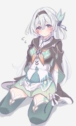 1girl aqua_skirt black_hairband black_jacket blue_pupils blush breasts closed_mouth commentary_request cropped_jacket firefly_(honkai:_star_rail) flying_sweatdrops full_body green_thighhighs grey_hair hair_between_eyes hairband high_heels highres honkai:_star_rail honkai_(series) jacket long_hair looking_at_viewer medium_breasts neckerchief orange_neckerchief purple_eyes shirt shoes simple_background sitting skirt solo thighhighs tofu_thunder wariza wavy_mouth white_background white_shirt white_shoes