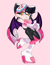 +_+ 1girl absurdres alternate_costume bat_tail bat_wings black_bodysuit black_hair bodysuit boots callie_(splatoon) cosplay cracking_knuckles earrings gloves hat heart high_heels highres inkling jewelry kariiyoko long_hair looking_at_viewer mole mole_under_eye nintendo pink_background pink_hat pointy_ears rouge_the_bat rouge_the_bat_(cosplay) sega solo sonic_(series) splatoon_(series) standing standing_on_one_leg tail tentacle_hair twintails white_boots white_gloves wings yellow_eyes