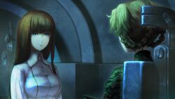 2girls amane_suzuha amane_suzuha_(beta) black_pantyhose blue_eyes braid breasts brown_hair camouflage camouflage_jacket collared_shirt digital_camouflage expressionless fg204 game_cg green_jacket hair_rings high_collar highres huke impossible_clothes indoors jacket large_breasts long_hair long_sleeves looking_at_another military_combat_uniform military_fatigues military_uniform multiple_girls non-web_source official_art pantyhose red_hair ringed_eyes shiina_kagari shirt sitting soldier steins;gate steins;gate_0 twin_braids twintails white_shirt woodland_camouflage yellow_trim
