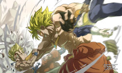 Rule 34 | 3boys, 5002 bus, abs, absurdres, armor, bangle, battle, battle damage, black hair, blank eyes, blonde hair, blood, blood on arm, blood on gloves, blue bodysuit, blue footwear, bodysuit, boots, bracelet, broken armor, broly (dragon ball z), debris, dougi, dragon ball, dragonball z, evil smile, gloves, green eyes, head grab, highres, injury, jewelry, legendary super saiyan, male focus, multiple boys, muscular, muscular male, necklace, open mouth, pants, pectorals, saiyan armor, shirt, signature, size difference, smile, son goku, spiked hair, super saiyan, super saiyan 1, teeth, topless male, torn bodysuit, torn clothes, torn pants, torn shirt, vegeta, veins, white gloves