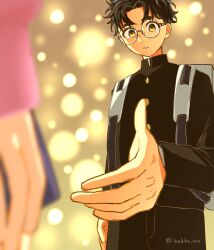 1boy 1girl absurdres ayase_momo backpack bag black_hair black_jacket blue_skirt blurry blurry_background blurry_foreground brown_eyes city_lights commentary_request dandadan gakuran glasses highres jacket kakko_xxx kami_high_school_uniform looking_at_another open_hand outdoors outstretched_hand parted_lips pink_sweater round_eyewear school_uniform short_hair skirt sweater takakura_ken_(dandadan) twitter_username upper_body