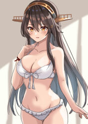 1girl bikini black_hair blush breasts brown_eyes cleavage collarbone cowboy_shot day gensoukitan hair_between_eyes hair_ornament hairband hairclip haruna_(2016_swimsuit)_(kancolle) haruna_(kancolle) headgear highres indoors kantai_collection large_breasts long_hair looking_at_viewer navel smile solo sunlight swimsuit white_bikini