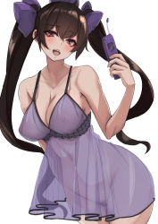 1girl :s bow breasts brown_hair cellphone cleavage covered_erect_nipples female_pubic_hair frills hair_bow hands_on_floor hat heart heart-shaped_pupils highres himekaidou_hatate large_breasts long_hair medium_breasts navel nightgown nipples phone pubic_hair purple_bow purple_eyes purple_nightgown see-through_clothes simple_background solo symbol-shaped_pupils tokin_hat touhou twintails white_background yukito_(dreamrider)