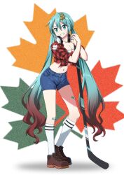 1girl alternate_hairstyle aqua_hair artist_collaboration bandaid bandaid_on_leg blue_shorts breasts brown_footwear canada canadian_flag canadian_flag_print cleavage commentary cropped_shirt denim denim_shorts english_commentary flag_print freckles full_body gradient_hair greg_mikaels grin hair_ornament hatsune_miku headphones headphones_around_neck highres hockey_stick leaf leaf_hair_ornament leaf_print long_hair low_twintails maple_leaf maple_leaf_print medium_breasts multicolored_hair nadrasu navel plaid_clothes plaid_shirt red_hair red_shirt second-party_source shirt shorts simple_background smile socks solo strapless thighs tube_top twintails very_long_hair vocaloid white_socks white_tube_top