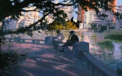 2boys building highres lake leaf li_cheng_(woshilicheng) multiple_boys original park sitting sky smoking xiamen