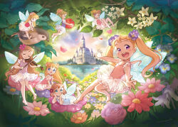 Rule 34 | 6+girls, aqua eyes, blonde hair, blue eyes, blue leotard, braid, brown hair, castle, double bun, fairy, fairy wings, flower, hair bun, hair flower, hair ornament, holding, holding instrument, holding violin, instrument, leotard, long hair, multiple girls, nanami tomorou, open mouth, original, pink leotard, ponytail, purple eyes, purple leotard, red leotard, see-through clothes, see-through skirt, short hair, skirt, smile, twintails, violin, wings