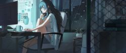 1girl absurdres aqua_eyes aqua_hair arm_out_of_sleeve barefoot black-framed_eyewear blurry blurry_foreground book bookshelf box breasts calendar_(object) cardboard_box cardigan chain-link_fence chair cityscape clock closed_mouth coffee_mug collared_shirt commentary_request computer_keyboard concentrating cup depth_of_field desk digital_clock dress_shirt expressionless fence fluffy_hair foot_out_of_frame glasses grey_shorts hair_over_shoulder hand_on_own_chin hand_up highres indoors knee_up large_breasts long_hair long_sidelocks looking_at_screen monitor mug night office_chair open_cardigan open_clothes original outstretched_hand pen pile_of_books plant potted_plant rain ribbed_shirt scissors segment_display semi-rimless_eyewear shelf shirt shorts sidelocks sitting skyline sleeveless sleeveless_shirt stuffed_animal stuffed_frog stuffed_toy swivel_chair tsukimoritsuki typing under-rim_eyewear unworn_shirt vines water_drop water_on_glass wavy_hair white_cardigan white_shirt