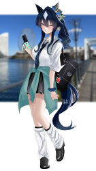 1girl absurdres alternate_costume alternate_hairstyle animal_ears bag blue_hair blurry blurry_background breasts cellphone collarbone earrings full_body gyaru highres horse_ears jewelry kirameki_(rikukaikuu) long_hair looking_at_viewer medium_breasts one_eye_closed phone photo_background purple_eyes school_uniform single_earring smile socks solo standing umamusume verxina_(umamusume)