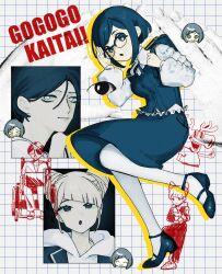 1boy 2girls adjusting_eyewear blue_eyes blue_hair blue_shoes blue_skirt breasts chibi chibi_inset collared_shirt commentary_request cone_hair_bun diagonal_bangs double_bun drop_shadow frilled_shirt frills fukurai_azami full_body glasses gyocar hair_bun hand_on_eyewear hands_up highres jasmine_(toshi_densetsu_kaitai_center) long_sleeves looking_at_viewer medium_breasts meguriya_ayumu multiple_girls open_mouth pantyhose puffy_long_sleeves puffy_sleeves romaji_text shirt shoes short_hair skirt smile standing standing_on_one_leg toshi_densetsu_kaitai_center toshikai-kun upper_body white_pantyhose white_shirt