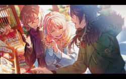 3boys ^_^ amemura_ramuda arisugawa_dice arm_belt belt belt_buckle black_border black_gloves black_hair black_jacket black_scarf blue_coat border brown_hair buckle closed_eyes coat coattails commentary_request day dice earmuffs eyelashes fringe_trim frown fur-trimmed_hood fur_trim gloves green_belt green_coat green_eyes hairband hand_on_own_chin highres holding hood hood_down hooded_coat hypnosis_mic jacket layered_sleeves letterboxed long_hair long_sleeves looking_at_another low_ponytail male_focus minami_kazuki_(hanbee) multiple_boys object_request one_eye_closed open_mouth outdoors outstretched_arm parted_lips pink_hair pointing pointing_up ponytail purple_eyes purple_scarf scarf shirt shopping short_hair short_hair_with_long_locks smile sweatdrop tassel teeth torii upper_body upper_teeth_only v-shaped_eyebrows white_hairband white_shirt winter_clothes yellow_scarf yumeno_gentaro