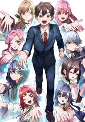 1boy 6+girls :d ;&lt; ;d aijou_rentarou aqua_eyes black_hoodie blazer blue_eyes blue_hair blue_jacket blue_necktie blue_pants bolo_tie brown_eyes brown_footwear brown_hair closed_eyes closed_mouth collared_shirt commentary_request eiai_nano full_body green_eyes green_ribbon hair_intakes hair_ribbon hanazono_hahari hanazono_hakari haraga_kurumi headphones holding holding_phone hood hoodie inda_karane jacket kimi_no_koto_ga_dai_dai_dai_dai_daisuki_na_100-nin_no_kanojo loafers long_sleeves looking_at_viewer maid meido_mei multiple_girls necktie nozawa_yukiko official_art one_eye_closed open_mouth orange_hair outstretched_arm outstretched_arms pants phone pink_hair reaching red_eyes red_hair red_necktie ribbon school_uniform second-party_source shirt shoes short_hair smile solo_focus white_background white_hair white_shirt yakuzen_kusuri yoshimoto_shizuka