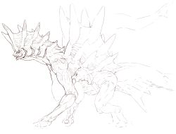 breasts creature dokumushi extra_breasts horns huge_breasts monochrome monster no_humans profile simple_background sketch solo