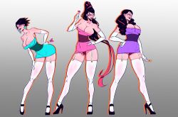Rule 34 | 3girls, absurdres, bayonetta, bayonetta (series), bayonetta 1, bayonetta 2, bayonetta 3, black hair, black shoes, blue dress, breasts, dress, earrings, elbow gloves, eyeliner, garter belt, gloves, high heels, highres, jewelry, large breasts, long hair, makeup, multiple girls, panda rojo art, panties, pink dress, pink eyeliner, powerpuff girls, purple dress, shoes, short dress, short hair, simple background, standing, thighhighs, triangle earrings, twintails, underwear, white gloves, white thighhighs