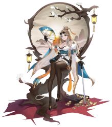 Rule 34 | 1girl, absurdres, bare shoulders, black choker, black shoes, blue eyes, breasts, brown hair, brown pantyhose, cane, choker, cleavage, coin, dress, eyewear on head, folding fan, full body, grin, hair bun, hair ornament, hairpin, hand fan, hashtag-only commentary, high heels, highres, holding, holding fan, large breasts, long hair, looking at viewer, multicolored hair, obi, off-shoulder dress, off shoulder, original, pantyhose, round eyewear, sash, shoes, simple background, smile, solo, streaked hair, sunglasses, white background, wide sleeves, yireh