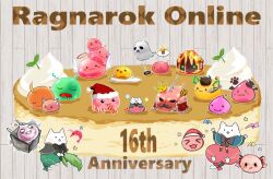&gt;_&lt; 2girls :3 angeling animal_ears anniversary black_bow black_bowtie black_capelet blue_capelet bow bowtie candy capelet cat_ears cat_girl cattail commentary_request copyright_name crown dress eggring facial_hair food fork full_body furry furry_female ghost ghostring green_dress hat king_poring lava looking_at_viewer magmaring multiple_girls mustache open_mouth pancake pink_dress plant pochiko_(poteko) poporing poring pullcart ragnarok_online santa_hat sheet_ghost shrimp slime_(creature) smile souffle_pancake summoner_(ragnarok_online) whipped_cream wrapped_candy zzz