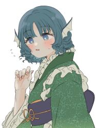 1girl blue_eyes blue_hair blush commentary_request drill_hair embarrassed fingernails fins flying_sweatdrops frilled_kimono frills green_kimono hand_up head_fins japanese_clothes kimono monster_girl obi parted_lips print_kimono r9nr9 sash short_hair simple_background solo touhou upper_body wakasagihime white_background wide_sleeves