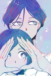 1boy 1girl b1ue_e4rth blue_eyes blue_hair blue_theme colored_lineart commentary_request frilled_shirt frills grey_background hair_between_eyes hands_up korean_commentary looking_to_the_side meguriya_ayumu monochrome shirt short_hair simple_background toshi_densetsu_kaitai_center triangle_hands upper_body