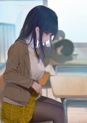 3girls black_pantyhose blazer blue_hair blush breasts brown_cardigan brown_jacket cardigan chair classroom collared_shirt commentary_request cowboy_shot day desk dress_shirt elto_0079 female_masturbation grid_print hair_over_shoulder highres index_finger_raised indoors jacket large_breasts long_hair long_sidelocks masturbation miniskirt multiple_girls neck_ribbon on_chair open_cardigan open_clothes open_jacket open_mouth original pantyhose pen pleated_skirt public_indecency public_masturbation purple_eyes ribbon school_chair school_desk school_uniform shirt sidelocks sitting skirt solo_focus sweatdrop white_shirt window yellow_ribbon yellow_skirt