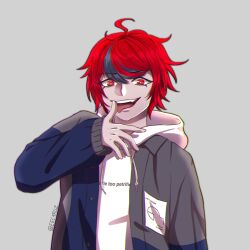 1boy absurdres ahoge black_hair english_text grey_background hand_up highres hood hoodie male_focus messy_hair multicolored_hair open_mouth red_eyes red_hair simple_background solo solo_focus sumino_takumi takumi-g_(hundred_line) teeth the_hundred_line_-last_defense_academy- tongue tongue_out upper_body upper_teeth_only white_hoodie