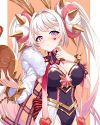 1girl animal_ears asymmetrical_clothes black_leotard blush breasts cleavage covered_navel detached_collar duel_monster hairband heart heart_tattoo highres holding holding_pocket_watch large_breasts leotard long_sleeves looking_at_viewer maliss_&lt;p&gt;_white_rabbit multicolored_hair pink_eyes pink_hair pocket_watch rabbit_ears rabbit_girl simple_background solo spiked_headband spiked_wristband spikes takkayuuki tattoo watch white_hair yu-gi-oh!