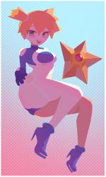 1girl absurdres adapted_costume ass asymmetrical_hair blush breasts cosplay creatures_(company) game_freak gen_1_pokemon gloves green_eyes gym_leader highres huge_ass legs misty_(pokemon) nintendo noxtwice orange_hair pokemon pokemon_lgpe pokemon_oras ponytail shelly_(pokemon) shelly_(pokemon)_(cosplay) shelly_(pokemon_oras) shirt short_hair side_ponytail smile staryu team_aqua team_aqua_uniform thighs