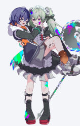 2girls :d apron belle_(zenless_zone_zero) black_boots black_dress black_shirt black_thighhighs blue_hair boots carrying circular_saw corin_wickes dress full_body green_eyes green_hair hair_between_eyes hair_ornament hand_on_another&#039;s_cheek hand_on_another&#039;s_face highres hood hooded_jacket jacket letter_hair_ornament long_hair maid maid_headdress multiple_girls one_eye_closed open_mouth orange_socks princess_carry puffy_short_sleeves puffy_sleeves purple_eyes reinoni saw screw_hair_ornament shirt short_sleeves single_thighhigh smile socks thighhighs twintails white_apron yuri zenless_zone_zero
