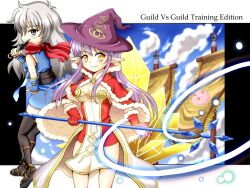 2girls alternate_color banner black_sash black_thighhighs blue_dress blue_sky blush breasts cape closed_mouth cloud commentary_request cowboy_shot crystal dress emperium eye_print fur-trimmed_cape fur-trimmed_gloves fur_trim gloves grey_eyes grey_hair hat high_wizard_(ragnarok_online) holding holding_staff kunai layered_dress long_hair looking_at_viewer medium_breasts meruya_(catcan) multiple_girls ninja ninja_(ragnarok_online) obi pointy_ears poring print_hat purple_hair ragnarok_online red_cape red_dress sash short_dress sidelocks sky sleeveless sleeveless_dress smile staff strapless strapless_dress thighhighs two-tone_dress vambraces weapon white_dress witch_hat yellow_eyes