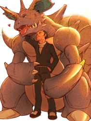2boys bad_id bad_pixiv_id claws creatures_(company) closed_eyes game_freak gen_1_pokemon giovanni_(pokemon) gym_leader heart horns hug inubiko male_focus multiple_boys nidoking nintendo pet pokemon pokemon_(creature) sharp_teeth short_hair spikes tail tail_wagging team_rocket teeth tongue