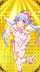 1girl angel_wings asuna_healia bandages blue_eyes blue_hair boots breasts dress ech elbow_gloves gloves hat holding holding_bandages holding_toy long_hair nurse nurse_cap pink_boots pink_dress pink_gloves pink_thighhighs stuffed_toy thighhighs toy twintails uchi_no_hime-sama_ga_ichiban_kawaii very_long_hair wings yellow_background