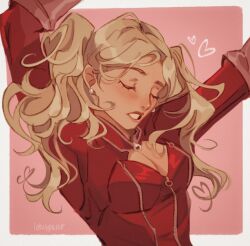 Rule 34 | 1girl, arms up, artist name, blonde hair, bodysuit, border, breasts, cleavage, closed eyes, commentary, earrings, english commentary, eyelashes, heart, jewelry, long hair, lotus pear, outside border, pearl earrings, persona, persona 5, persona 5 the royal, pink background, red bodysuit, solo, takamaki anne, twintails, white border