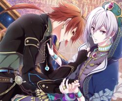 Rule 34 | 2boys, ahoge, aqua hat, bead necklace, beads, belt, black jacket, black pants, blue choker, blue coat, bracelet, brown belt, chinese clothes, choker, coat, collared coat, cowboy shot, earrings, expressionless, fingernails, fukuzawa yukichi (egoist867), gem, gold earrings, gold necklace, green shirt, grey shirt, hair between eyes, hair tubes, hand on another&#039;s arm, hand on another&#039;s chest, hand on hand, hat, holding hands, hood, hood up, hooded coat, idolish7, jacket, jewelry, kujou tenn, lapels, light frown, long sleeves, low ponytail, male focus, multiple boys, nanase riku, necklace, orange eyes, pale skin, pants, paper, parted lips, peaked lapels, pointy nose, ponytail, purple eyes, purple gemstone, purple hair, red hair, shirt, short hair with long locks, single hair tube, single sidelock, space, tangzhuang, triangle earrings, two-sided coat, two-sided fabric, yaoi