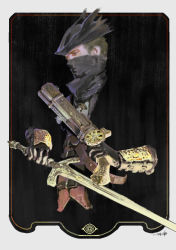 1boy bicorne black_hat bloodborne from_side gun hat highres holding holding_gun holding_sword holding_weapon hunter_(bloodborne) male_focus mask miso_katsu mouth_mask musket signature solo sword upper_body weapon