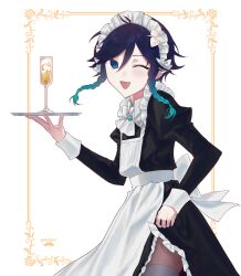 1boy alternate_costume androgynous apron black_dress black_hair black_sleeves blue_hair braid check_commentary commentary_request crossdressing dress enmaided flower frilled_apron frills genshin_impact gradient_hair green_eyes highres holding holding_tray juliet_sleeves k3n0kay long_sleeves looking_at_viewer maid maid_apron maid_day maid_headdress male_maid multicolored_hair one_eye_closed open_mouth puffy_sleeves pulling_own_clothes side_braids smile solo trap tray twin_braids venti_(genshin_impact) white_apron white_flower