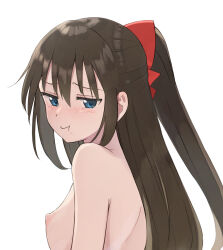 1girl blue_eyes blush bow breasts brown_hair closed_mouth commentary_request from_side hair_between_eyes hair_bow highres long_hair looking_at_viewer looking_back love_live! love_live!_nijigasaki_high_school_idol_club median_furrow medium_breasts nipples osaka_shizuku pout red_bow sidelocks simple_background solo tata_(tataice) upper_body white_background