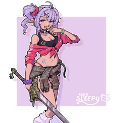 1girl ahoge bracelet breasts choker cleavage clothes_around_waist commentary cropped_jacket dolphin_shorts eepy_sleepy english_commentary gyaru hair_ornament hairclip hand_up holding holding_sword holding_weapon jacket jacket_around_waist jarv jewelry leg_warmers navel open_mouth panty_straps phase_connect plaid_clothes plaid_jacket pointy_ears purple_eyes purple_hair scrunchie short_shorts shorts side_ponytail smile solo sports_bra sticker sticker_on_stomach sword tan tied_jacket track_jacket virtual_youtuber weapon wrist_scrunchie