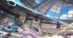 1boy 1girl arm_behind_head aura battle black_fur black_gloves blonde_hair blue_coat blue_eyes bubble circle_facial_mark coat colored_sclera crop_top dome electricity espeon facial_mark forehead_jewel forehead_mark forked_tail from_side gem gen_2_pokemon gloves indoors lightning long_sleeves nintendo orange_hair orlek pokemon pokemon_(creature) pokemon_battle pokemon_colosseum purple_fur purple_tank_top red_eyes red_gemstone red_sclera rui_(pokemon) short_hair short_twintails single_shoulder_pad tail tank_top twintails umbreon water wes_(pokemon) wind