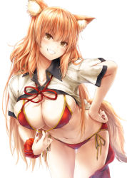 1girl :d absurdres animal_ears bikini bikini_under_clothes blush breasts brown_eyes cleavage covered_erect_nipples fate/grand_order fate_(series) female_focus fox_ears fox_girl fox_tail grin hand_on_own_hip hanging_breasts head_tilt highres large_breasts leaning_forward long_hair looking_at_viewer nail_polish navel open_clothes open_mouth open_shirt orange_hair red_bikini red_nails red_ribbon ribbon scrunchie shirt short_sleeves simple_background smile solo suien suzuka_gozen_(fate) swimsuit tail teeth thigh_gap white_legwear white_shirt wrist_scrunchie