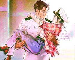 1boy 1girl an_officer_and_a_gentleman arm_around_back arm_around_neck artist_name black_hair blue_pants brown_footwear brown_hair carrying couple denim eren_yeager hair_between_eyes hat hetero jacket jeans lacampanule midriff_peek mikasa_ackerman military_hat military_uniform navy pants plaid_clothes plaid_shirt princess_carry red_shirt scene_reference shingeki_no_kyojin shirt sleeves_rolled_up upper_body white_jacket