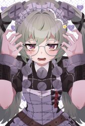 1girl absurdres adjusting_eyewear apron black_dress black_nails corin_wickes dress glasses green_hair hair_between_eyes heart highres looking_at_viewer maid maid_apron maid_headdress nail_polish open_mouth puffy_short_sleeves puffy_sleeves purple_eyes screw screw_hair_ornament short_sleeves solo syuwariblue tears twintails white_apron zenless_zone_zero