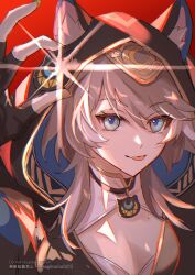 1girl animal_ear_fluff animal_ears animal_hood black_gloves blue_eyes breasts cat_ears cat_girl cat_hood cipher_(honkai:_star_rail) cleavage coin fingerless_gloves gloves grey_hair highres holding holding_coin honkai:_star_rail honkai_(series) hood kukatsuma medium_breasts mole mole_on_breast red_background short_hair_with_long_locks solo tongue tongue_out upper_body
