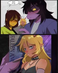 1other 2girls absurdres antlers black_eyeshadow blonde_hair cd_case collar deer_antlers deer_girl deltarune earrings english_text eyeshadow fingernails goth_fashion hair_over_one_eye highres horns jewelry kris_(deltarune) makeup multiple_girls noelle_holiday omy-chan partially_shaded_face reptile_girl shared_thought_bubble sharp_fingernails speech_bubble spiked_collar spikes susie_(deltarune) sweat thought_bubble