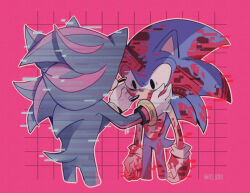 2boys animal_ears animal_nose commentary felichiii furry furry_male glitch gloves hands_on_another&#039;s_face hedgehog_boy hologram male_focus multiple_boys pink_background shadow_the_hedgehog simple_background sonic_(series) sonic_frontiers sonic_the_hedgehog standing tail white_gloves