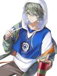 1boy absurdres blue_vest brown_pants closed_mouth cup earrings grey_hair grey_jacket highres holding holding_cup hood hood_up hoodie ike_eveland jacket jewelry looking_at_viewer male_focus multicolored_eyes nijisanji nijisanji_en pants pulling_own_clothes rovaroca simple_background smile solo two-tone_eyes vest virtual_youtuber white_background white_hoodie