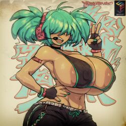 1girl aqua_hair areola_slip bikini bikini_top_only breasts choker covered_erect_nipples curvy dark_skin fingerless_gloves gloves hatsune_miku headphones highres huge_areolae huge_breasts medium_hair messy_hair microphone solo spicyfuse swimsuit v vocaloid wide_hips