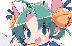 Rule 34 | 1girl, ahoge, animal hat, bell, blue ribbon, cat hat, curtained hair, dejiko, di gi charat, fang, gloves, green eyes, green hair, hat, highres, jingle bell, open mouth, outstretched arm, ribbon, short hair, simple background, solo, wadante, white gloves