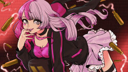 Rule 34 | #compass, 1girl, black jacket, brick wall, bullet, choker, grey eyes, highres, jacket, long hair, long sleeves, looking at viewer, megumegu, mini (minimilk), multicolored hair, official art, parted lips, pink hair, pink skirt, single drill, skirt, solo, split-color hair, two-tone hair