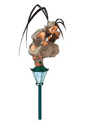 1girl antenna_hair armor bandana barefoot black_hair breasts dougi elbows_on_knees foot_wraps game_cg gloves hair_pulled_back hand_to_own_mouth high_ponytail highres hip_vent ibuki_(street_fighter) japanese_armor kote lamppost long_hair looking_to_the_side mask motoyui ninja nishimura_kinu non-web_source official_art ponytail simple_background solo squatting street_fighter street_fighter_iii_(series) white_background wrist_wrap
