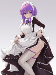 1girl absurdres alternate_costume apron ass black_dress breasts closed_mouth clothes_lift commentary dress english_commentary enmaided garter_straps gradient_background grey_background highres iliketequila lifting_own_clothes long_hair long_sleeves looking_at_viewer maid maid_apron maid_headdress neck_ribbon purple_eyes purple_hair purple_ribbon ribbon skirt skirt_lift smile solo thighhighs thighs voiceroid white_apron white_thighhighs yuzuki_yukari